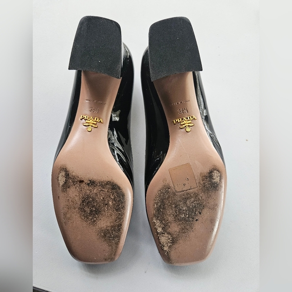 PRADA Black Patent Leather Block Heel Buckle Square Toe Pumps | SZ 6.5 - Picture 10 of 12